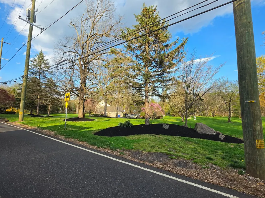 Freshly mulched island bed and trees in a green spring lawn
